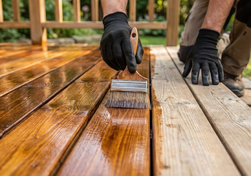Applying stain to a wood deck