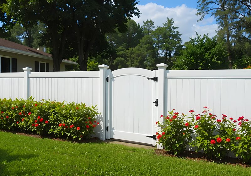 White vinyl privacy fence with gate